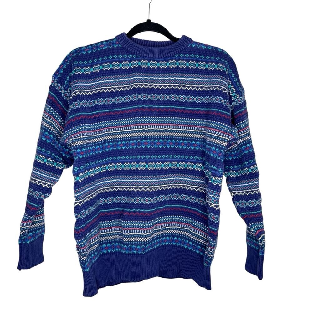 IZOD / vintage blue red geometric striped crewneck cotton chunky sweater / XL